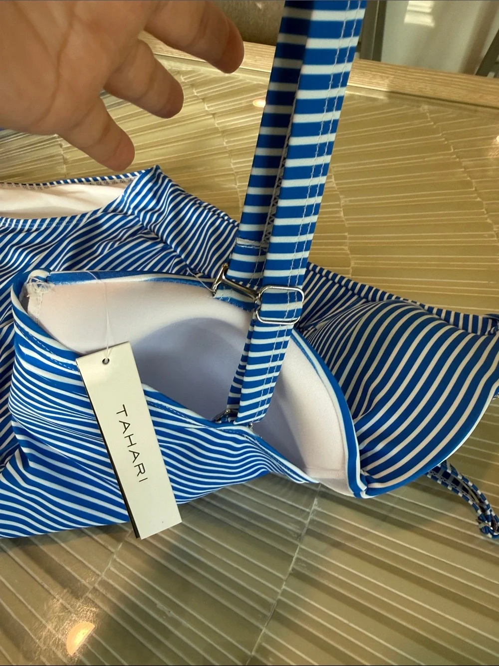 Tahari Blue & White Ruched  One-Piece Swimsuit.